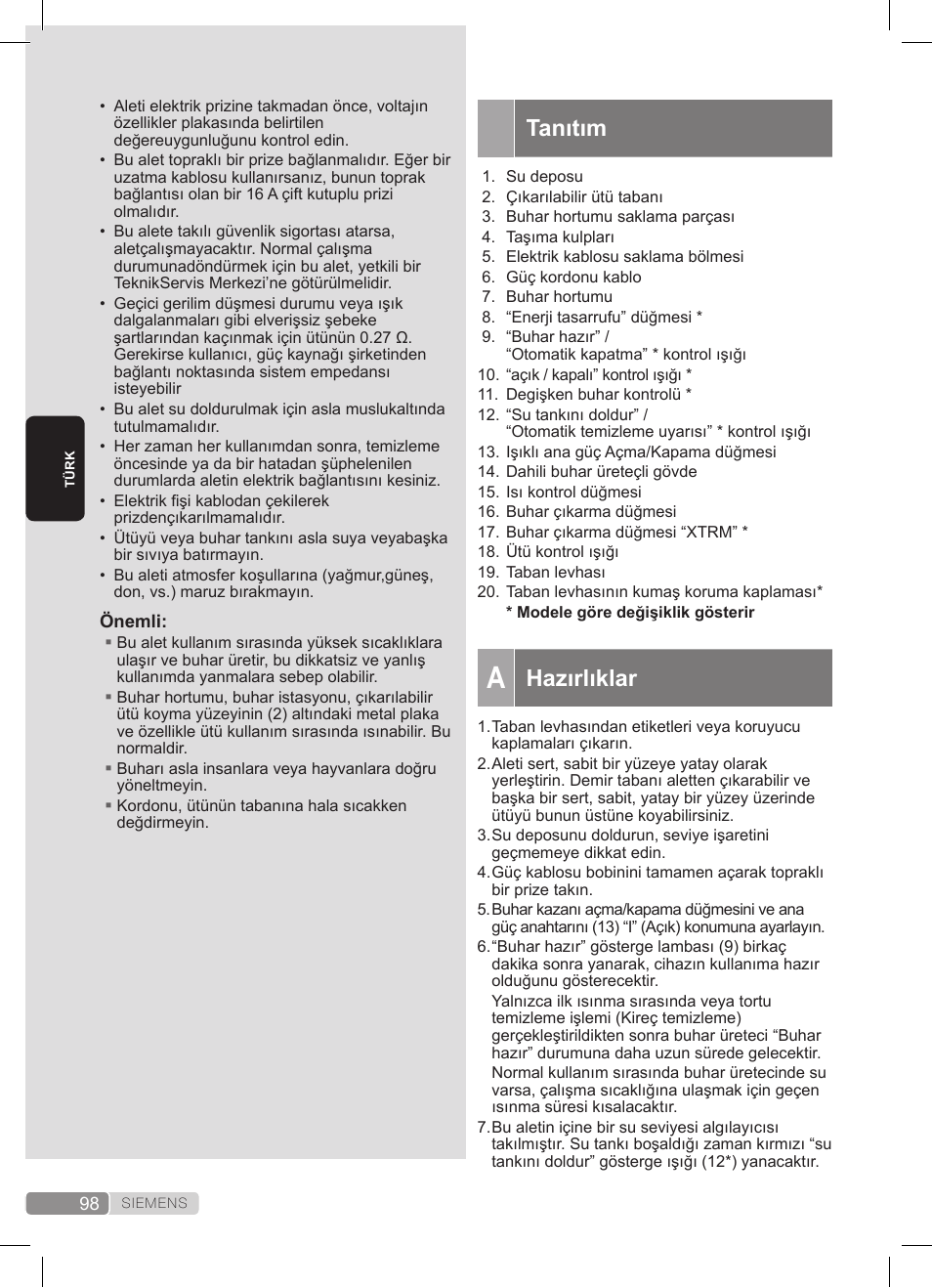 Tanıtım, Hazırlıklar | Siemens TS20XTRM2 User Manual | Page 98 / 152