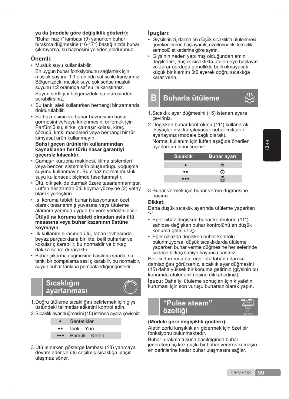 Sıcaklığın ayarlanması, Buharla ütüleme, Pulse steam” özelliği | Siemens TS20XTRM2 User Manual | Page 99 / 152