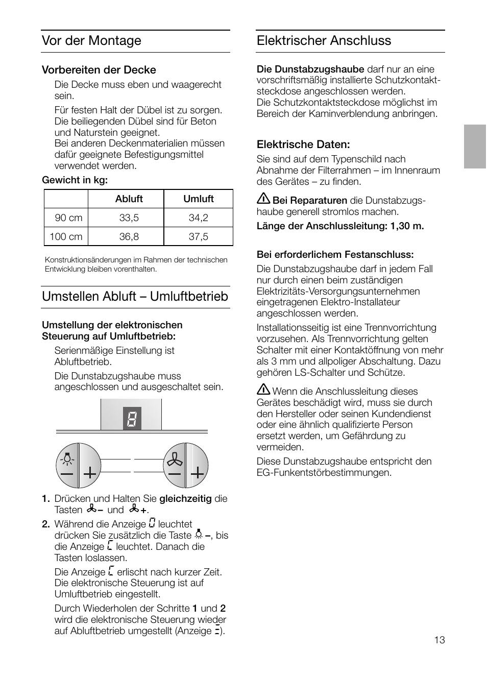 Vor der montage umstellen abluft – umluftbetrieb, Elektrischer anschluss | Siemens LF957GA60 User Manual | Page 13 / 108