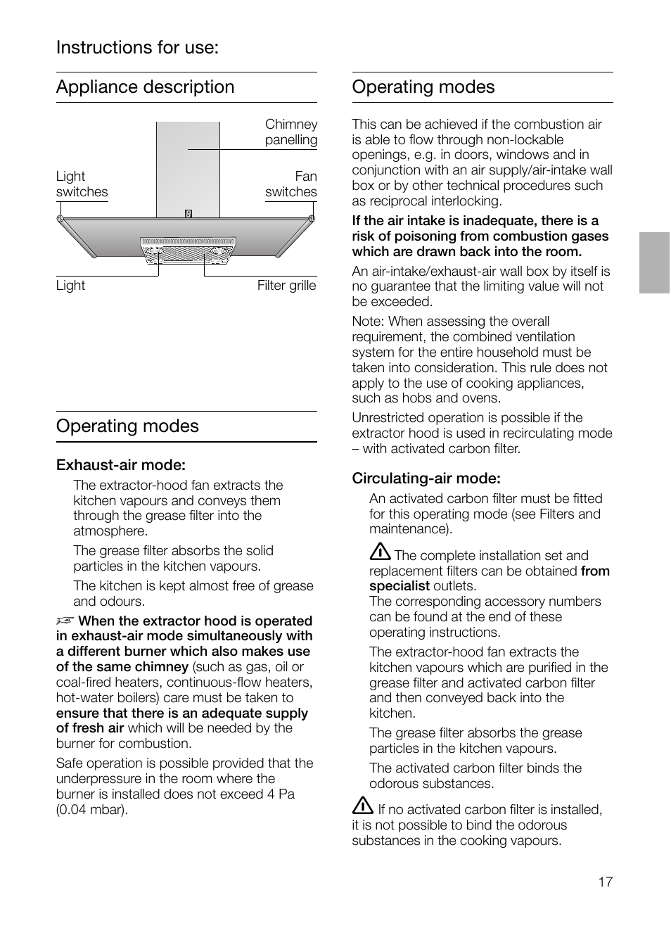 Appliance description operating modes, Instructions for use: operating modes | Siemens LF957GA60 User Manual | Page 17 / 108