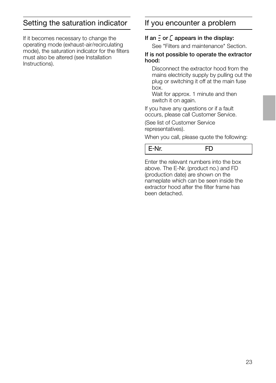 If you encounter a problem, Setting the saturation indicator | Siemens LF957GA60 User Manual | Page 23 / 108