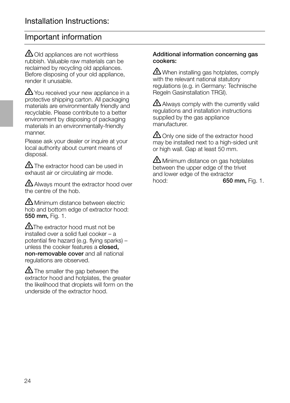 Important information installation instructions | Siemens LF957GA60 User Manual | Page 24 / 108