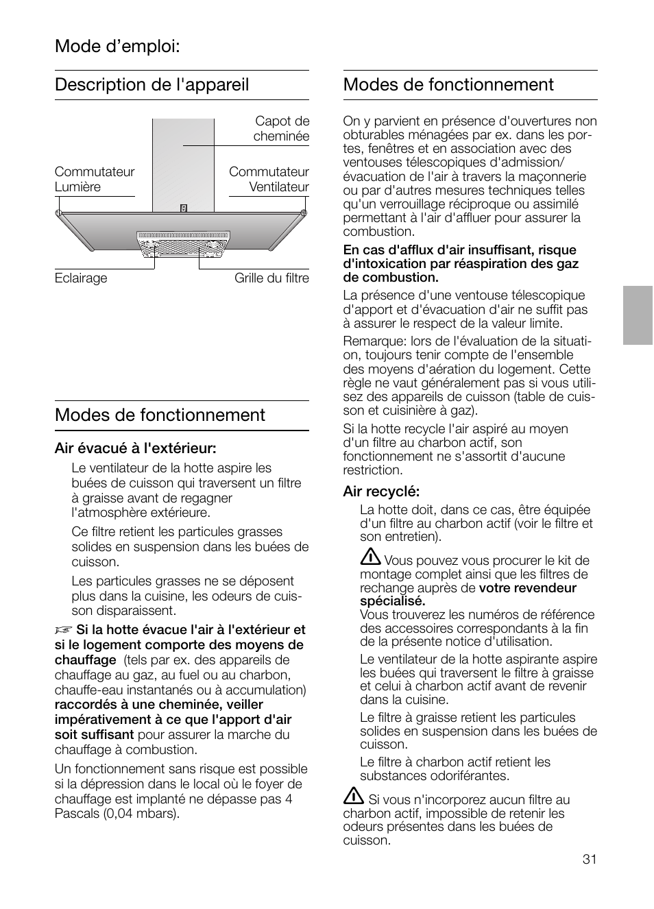 Description de l'appareil modes de fonctionnement, Mode d’emploi: modes de fonctionnement | Siemens LF957GA60 User Manual | Page 31 / 108