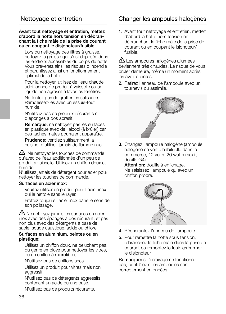 Changer les ampoules halogènes, Nettoyage et entretien | Siemens LF957GA60 User Manual | Page 36 / 108
