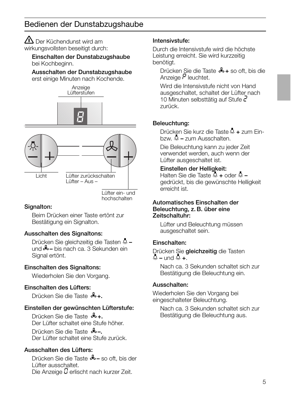 Bedienen der dunstabzugshaube | Siemens LF957GA60 User Manual | Page 5 / 108