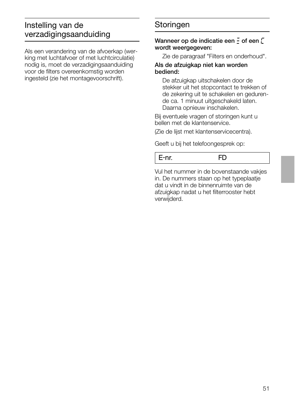 Storingen, Instelling van de verzadigingsaanduiding | Siemens LF957GA60 User Manual | Page 51 / 108