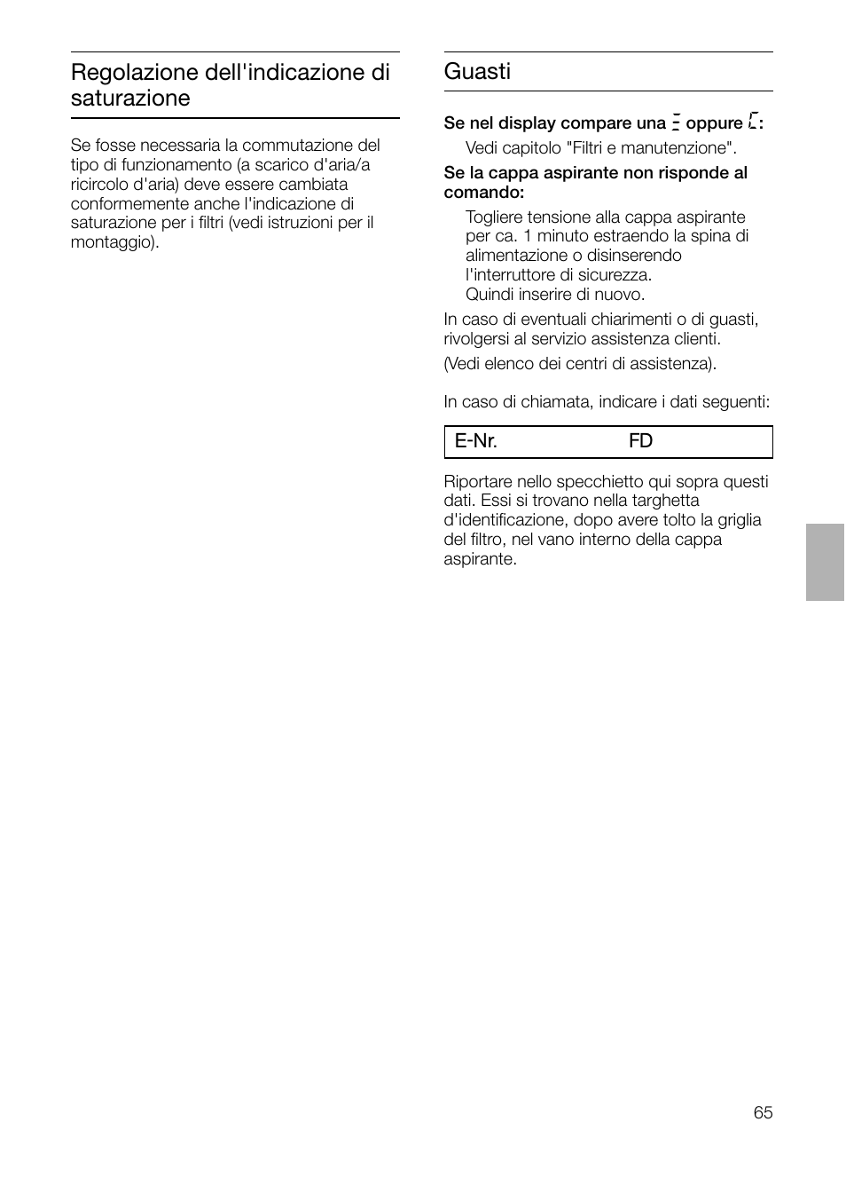 Guasti, Regolazione dell'indicazione di saturazione | Siemens LF957GA60 User Manual | Page 65 / 108