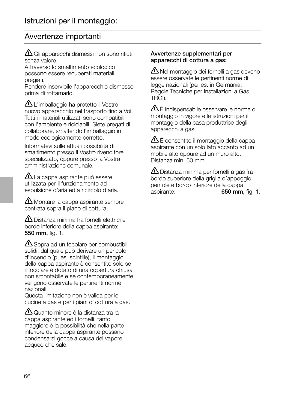 Avvertenze importanti istruzioni per il montaggio | Siemens LF957GA60 User Manual | Page 66 / 108
