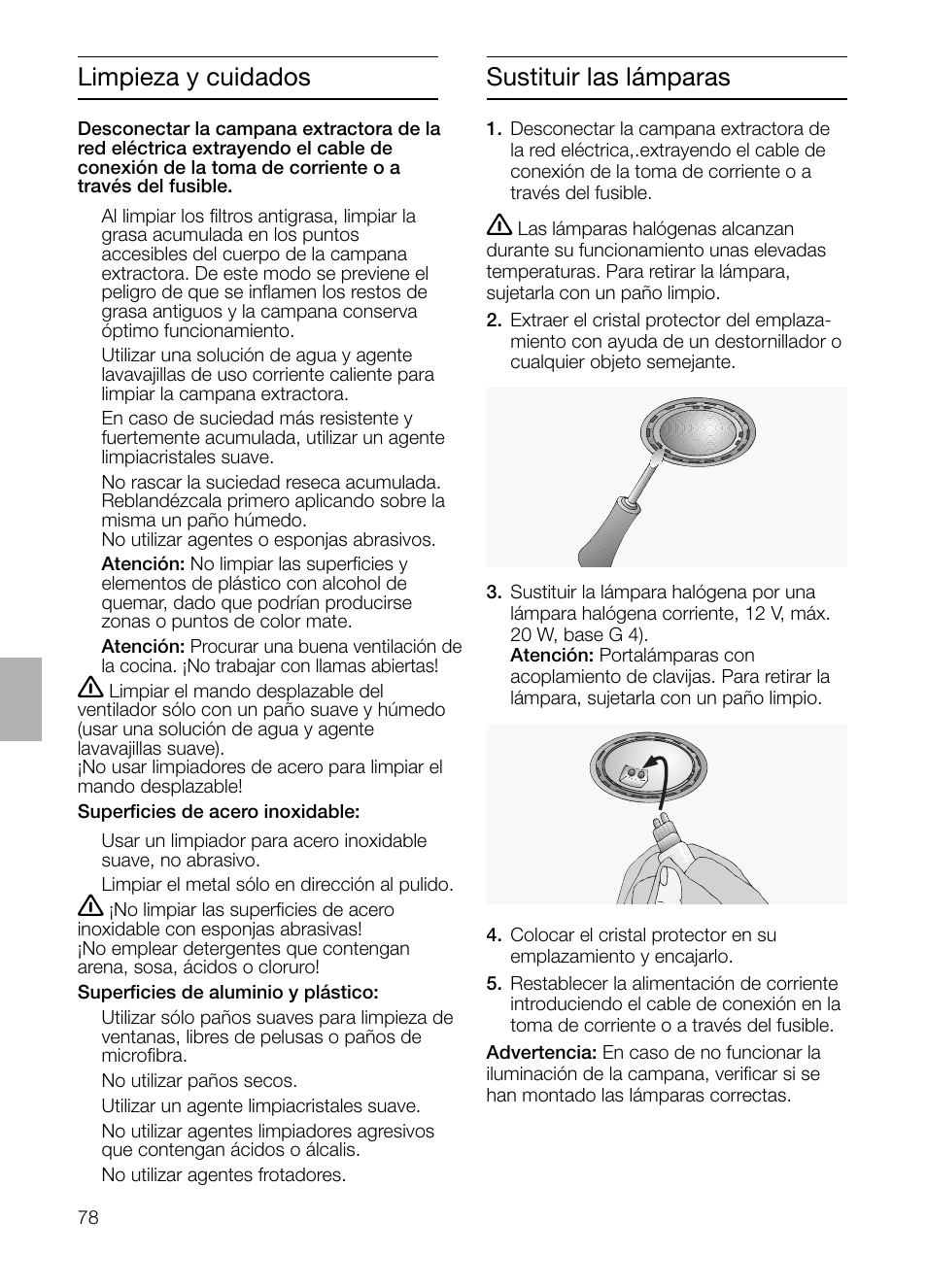 Limpieza y cuidados, Sustituir las lámparas | Siemens LF957GA60 User Manual | Page 78 / 108