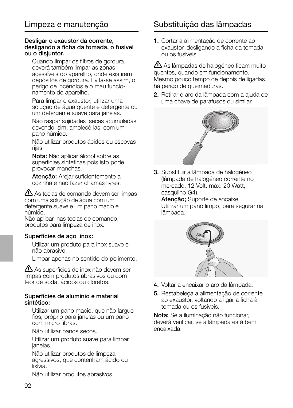 Limpeza e manutenção, Substituíção das lâmpadas | Siemens LF957GA60 User Manual | Page 92 / 108