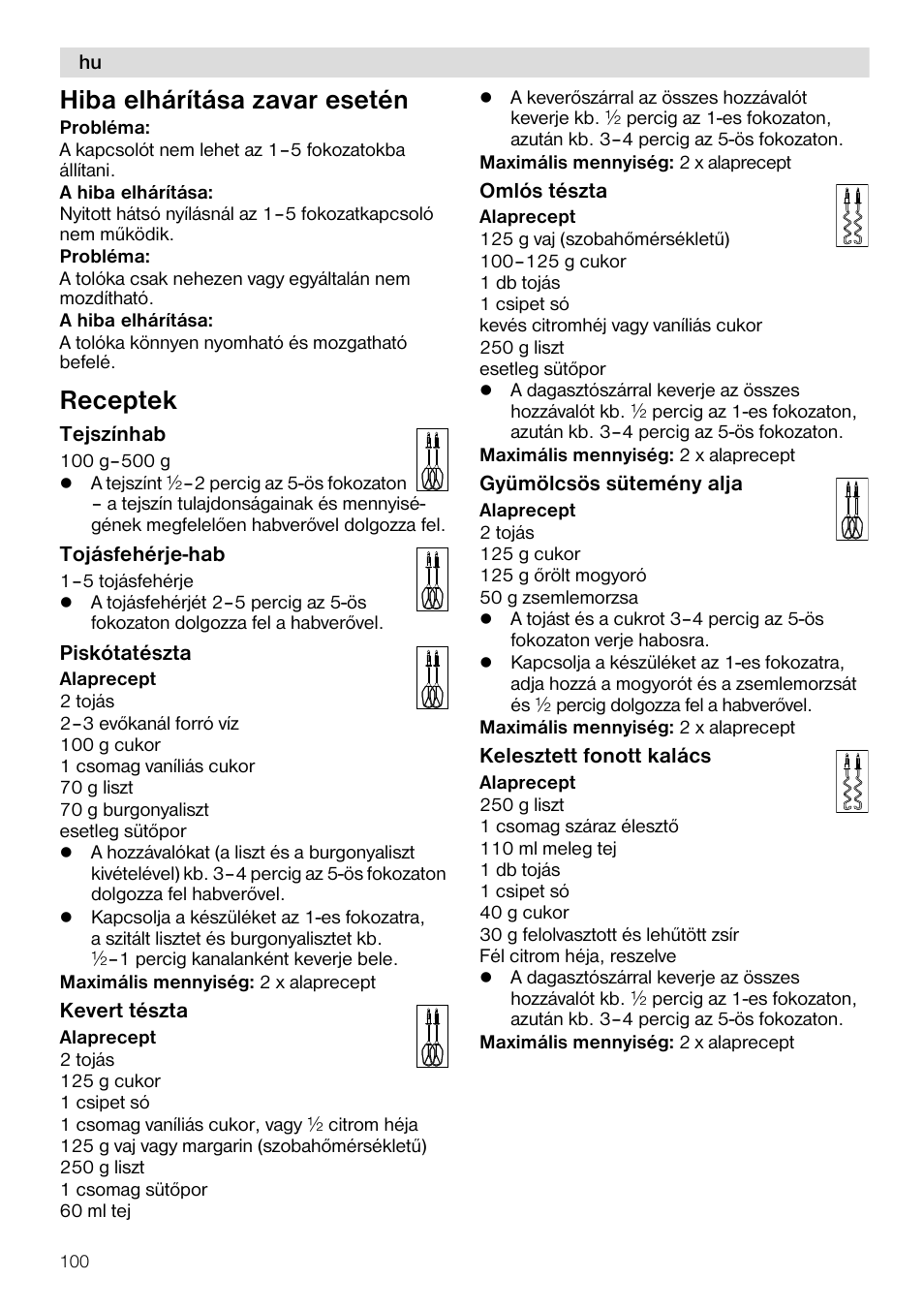 Hiba elhárítása zavar esetén, Receptek | Siemens MQ96580 User Manual | Page 100 / 131