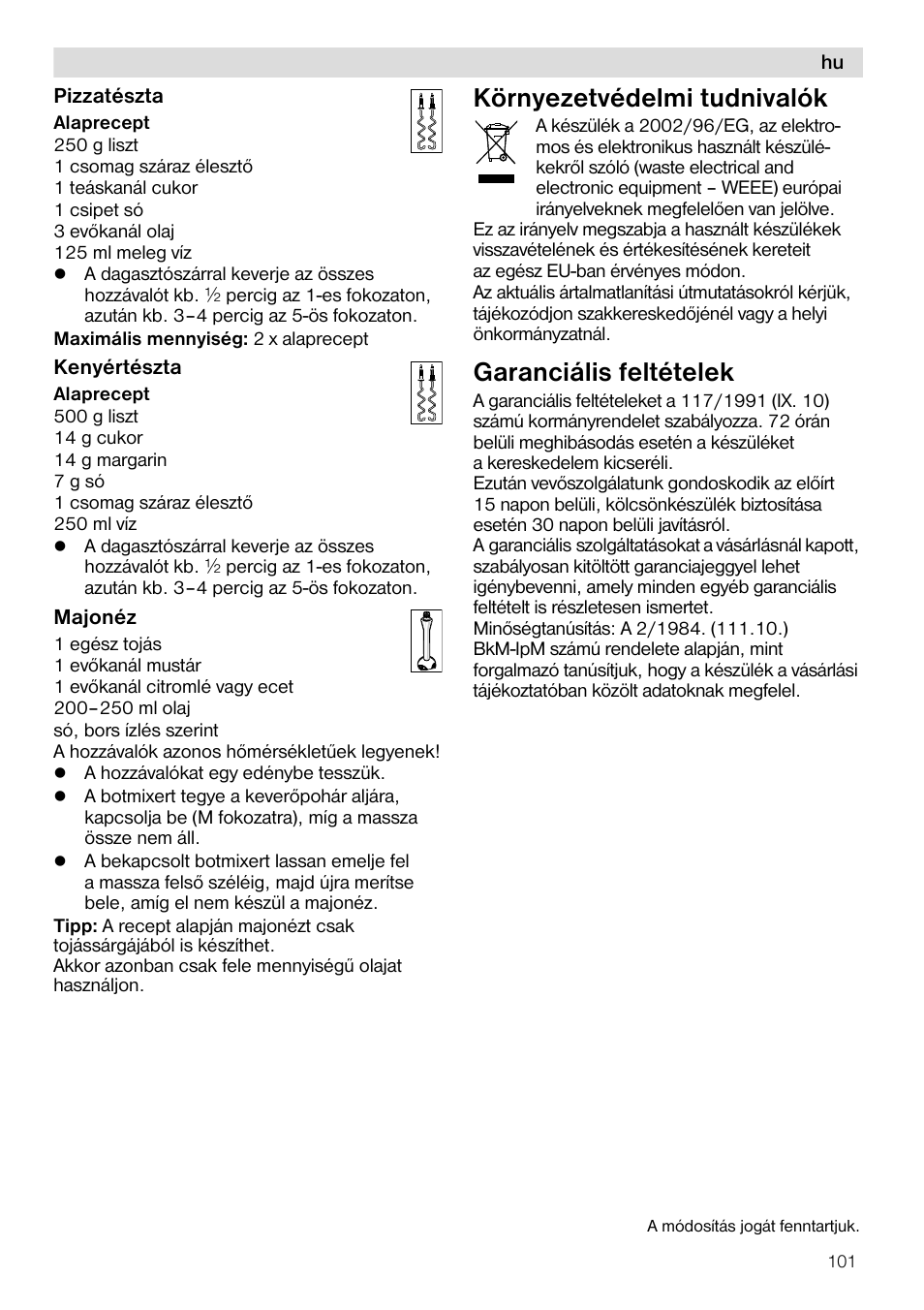 Környezetvédelmi tudnivalók, Garanciális feltételek | Siemens MQ96580 User Manual | Page 101 / 131