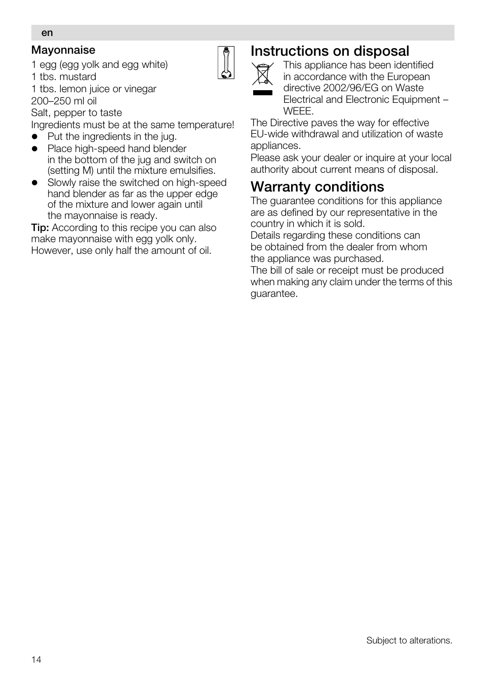 Instructions on disposal, Warranty conditions | Siemens MQ96580 User Manual | Page 14 / 131