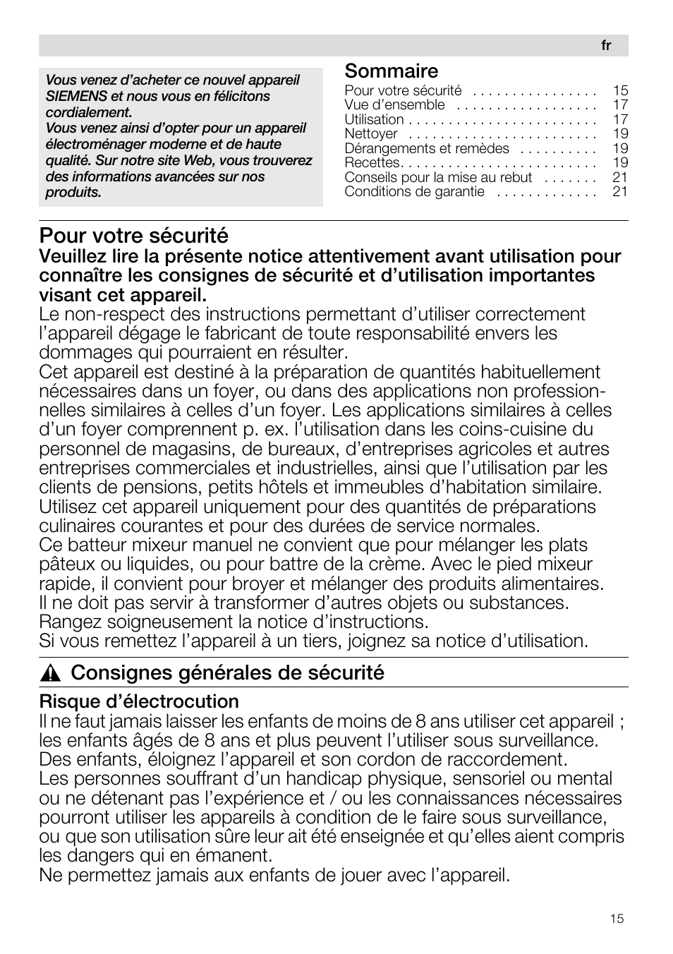 Pour votre sécurité, Consignes générales de sécurité | Siemens MQ96580 User Manual | Page 15 / 131