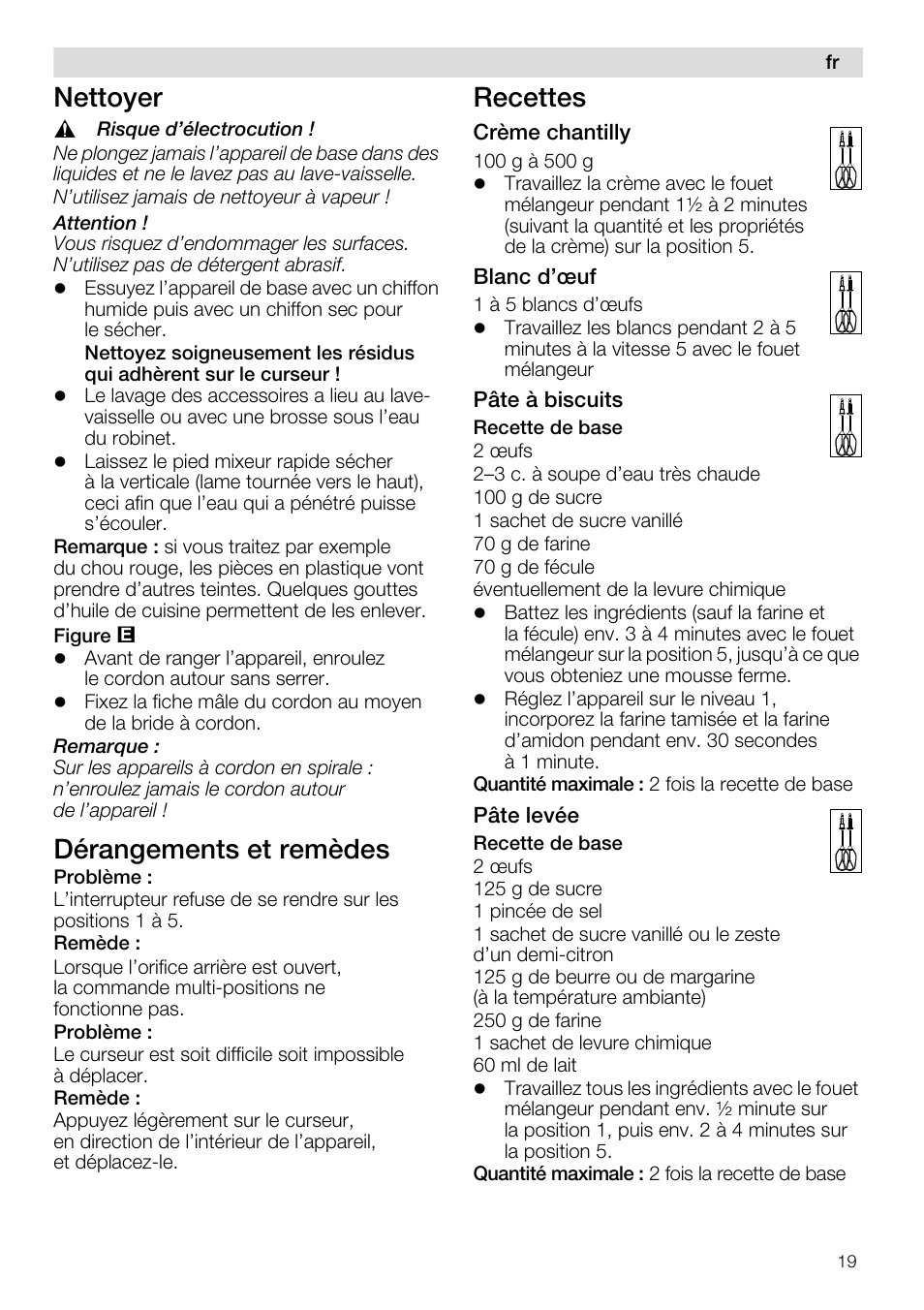 Nettoyer, Dérangements et remèdes, Recettes | Siemens MQ96580 User Manual | Page 19 / 131