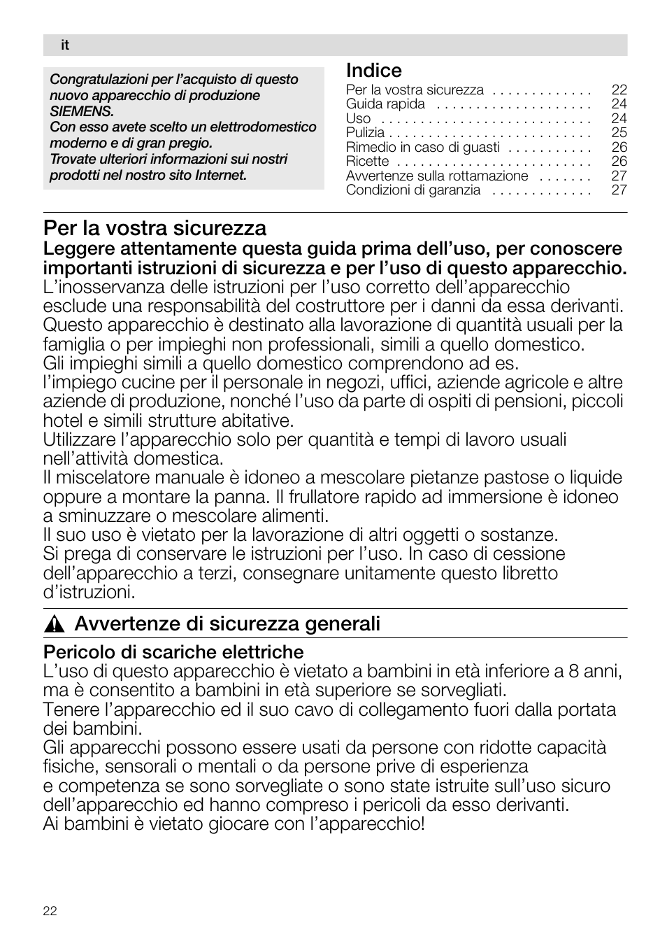 Per la vostra sicurezza, Avvertenze di sicurezza generali | Siemens MQ96580 User Manual | Page 22 / 131