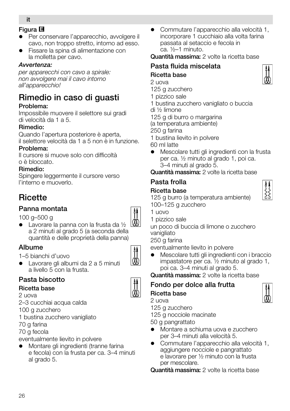 Rimedio in caso di guasti, Ricette | Siemens MQ96580 User Manual | Page 26 / 131