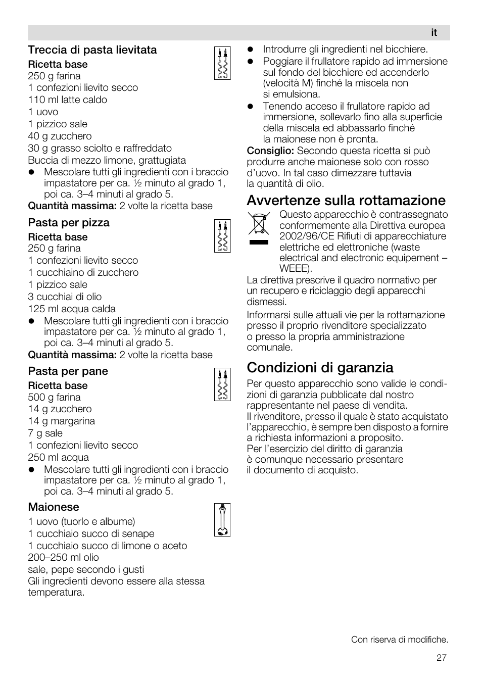 Avvertenze sulla rottamazione, Condizioni di garanzia | Siemens MQ96580 User Manual | Page 27 / 131