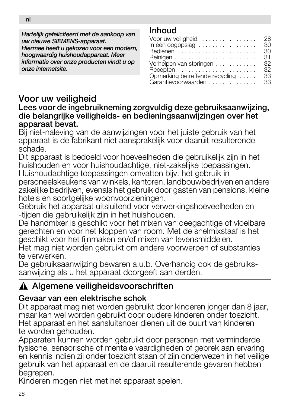 Voor uw veiligheid, Algemene veiligheidsvoorschriften | Siemens MQ96580 User Manual | Page 28 / 131