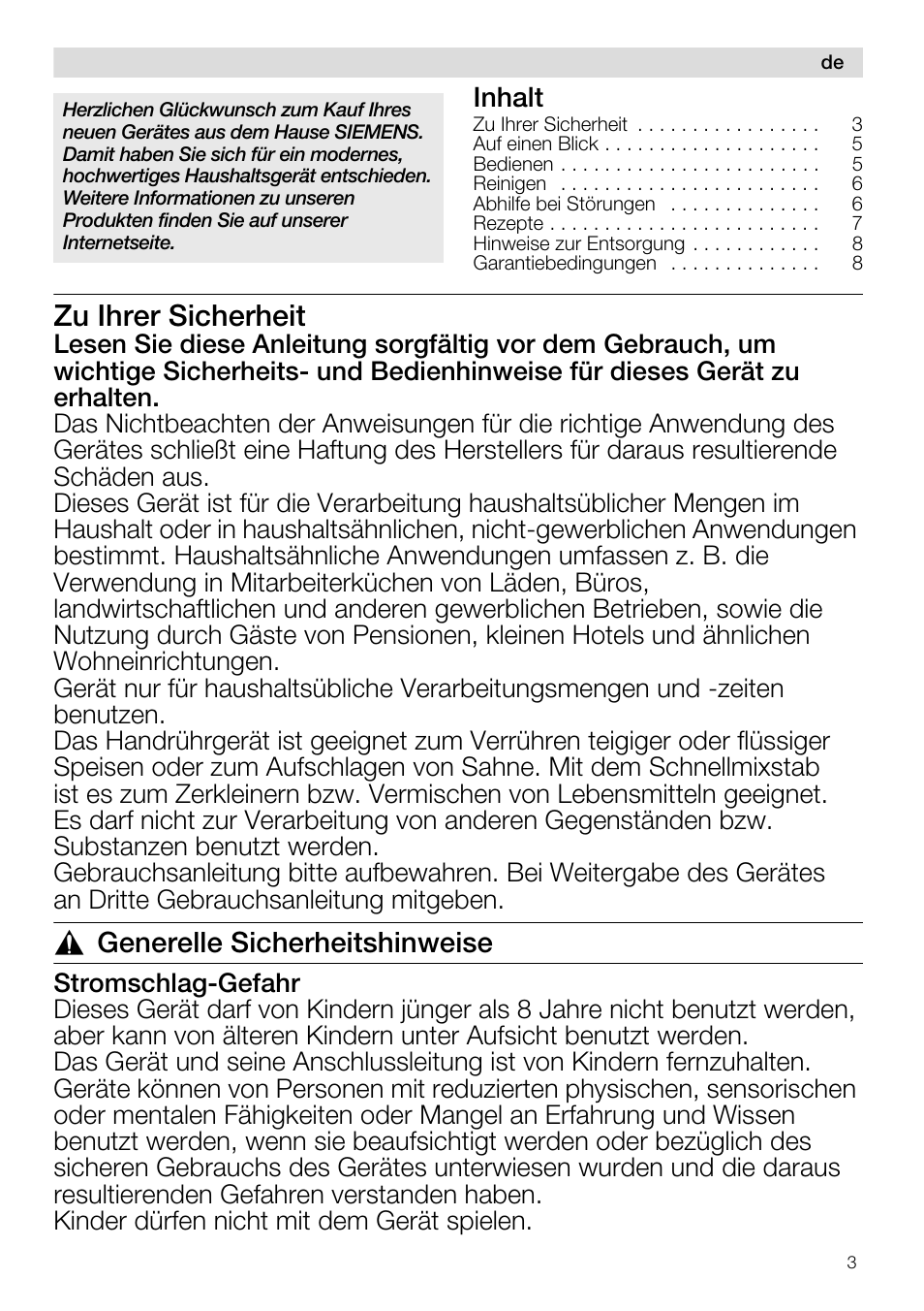 Zu ihrer sicherheit, Generelle sicherheitshinweise, Inhalt | Siemens MQ96580 User Manual | Page 3 / 131