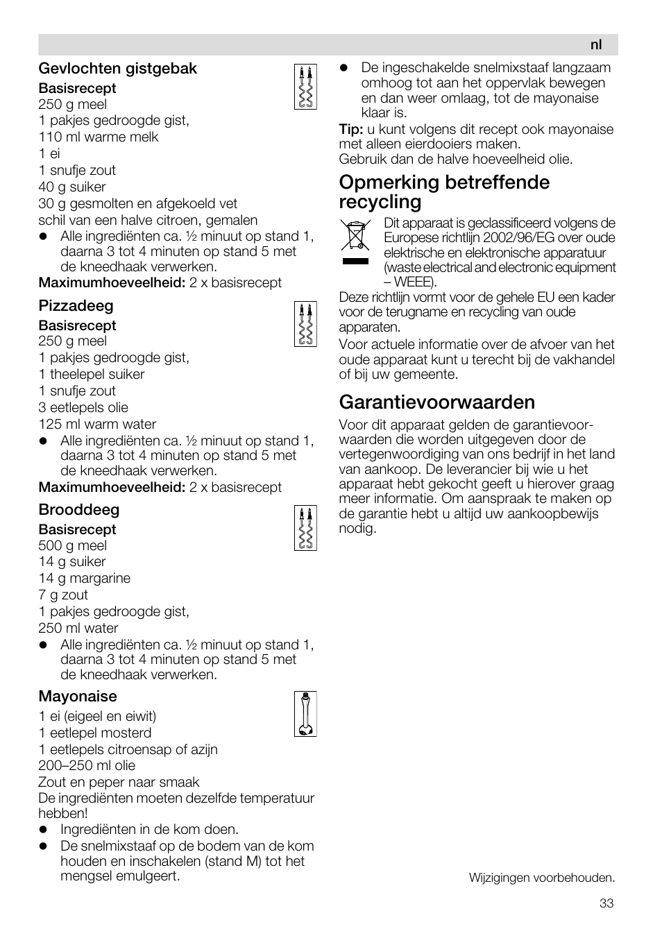 Opmerking betreffende recycling, Garantievoorwaarden | Siemens MQ96580 User Manual | Page 33 / 131