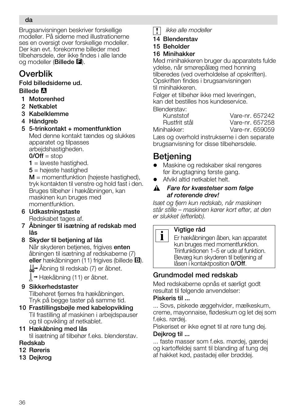 Overblik, Betjening | Siemens MQ96580 User Manual | Page 36 / 131