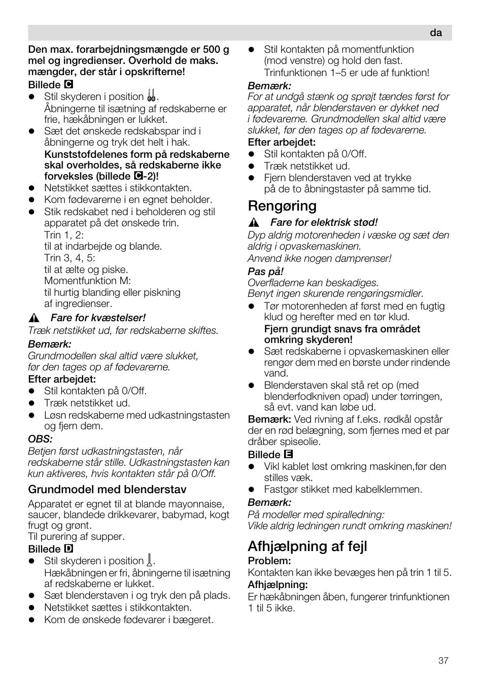 Rengøring, Afhjælpning af fejl | Siemens MQ96580 User Manual | Page 37 / 131