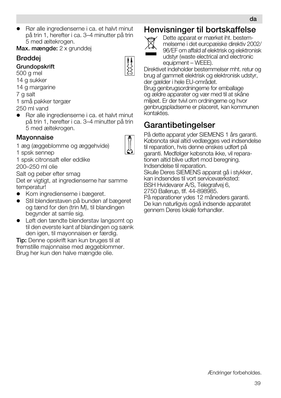 Henvisninger til bortskaffelse, Garantibetingelser | Siemens MQ96580 User Manual | Page 39 / 131