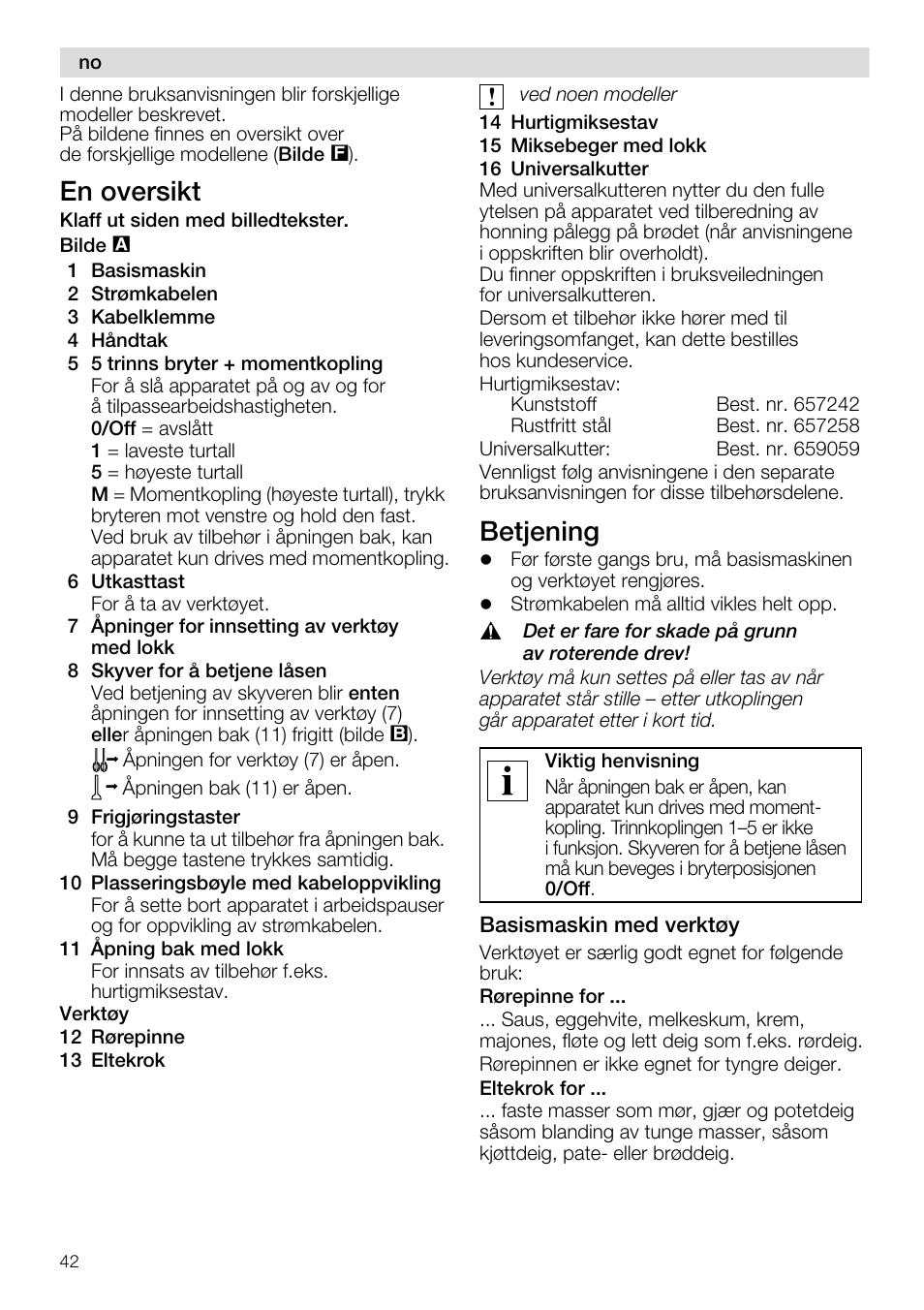 En oversikt, Betjening | Siemens MQ96580 User Manual | Page 42 / 131