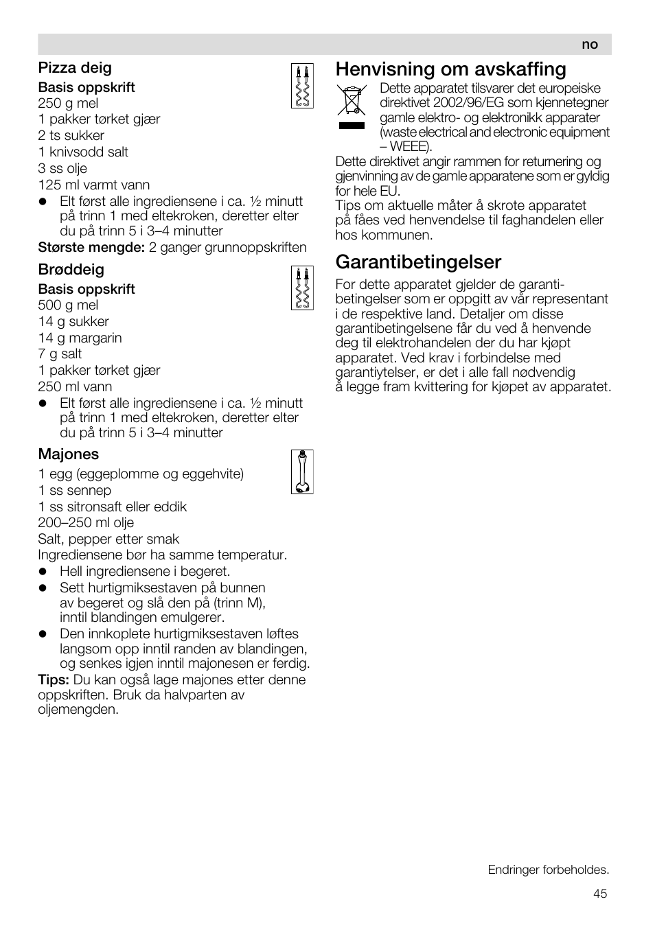 Henvisning om avskaffing, Garantibetingelser | Siemens MQ96580 User Manual | Page 45 / 131
