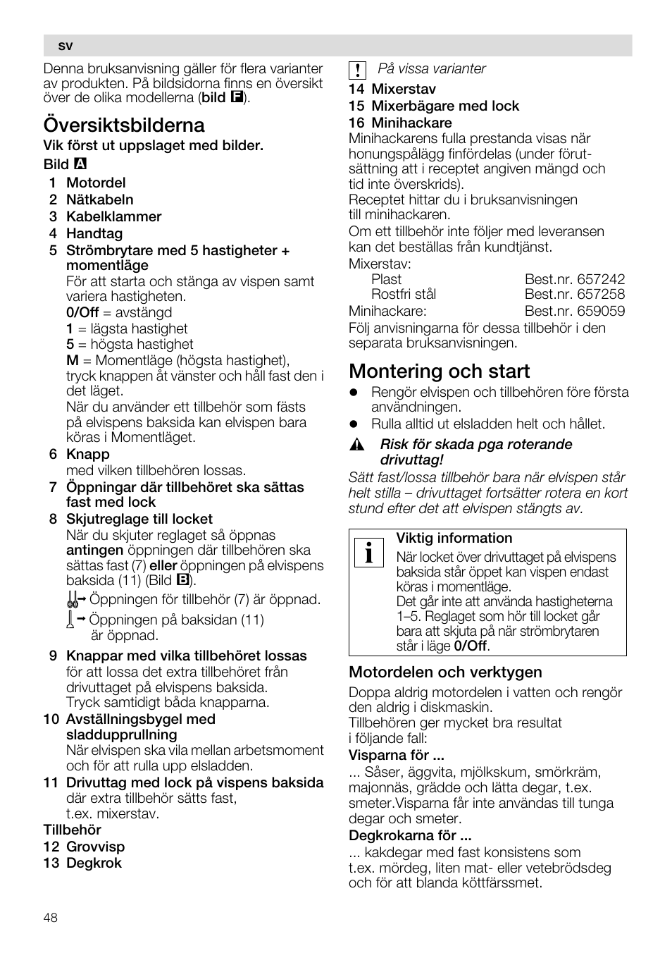 Översiktsbilderna, Montering och start | Siemens MQ96580 User Manual | Page 48 / 131