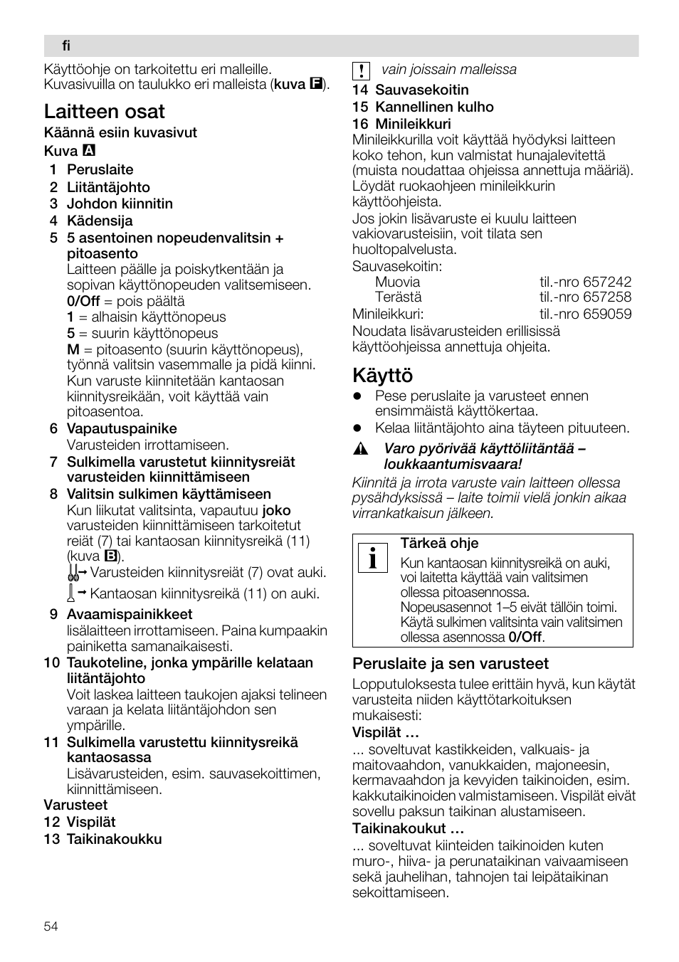 Laitteen osat, Käyttö | Siemens MQ96580 User Manual | Page 54 / 131