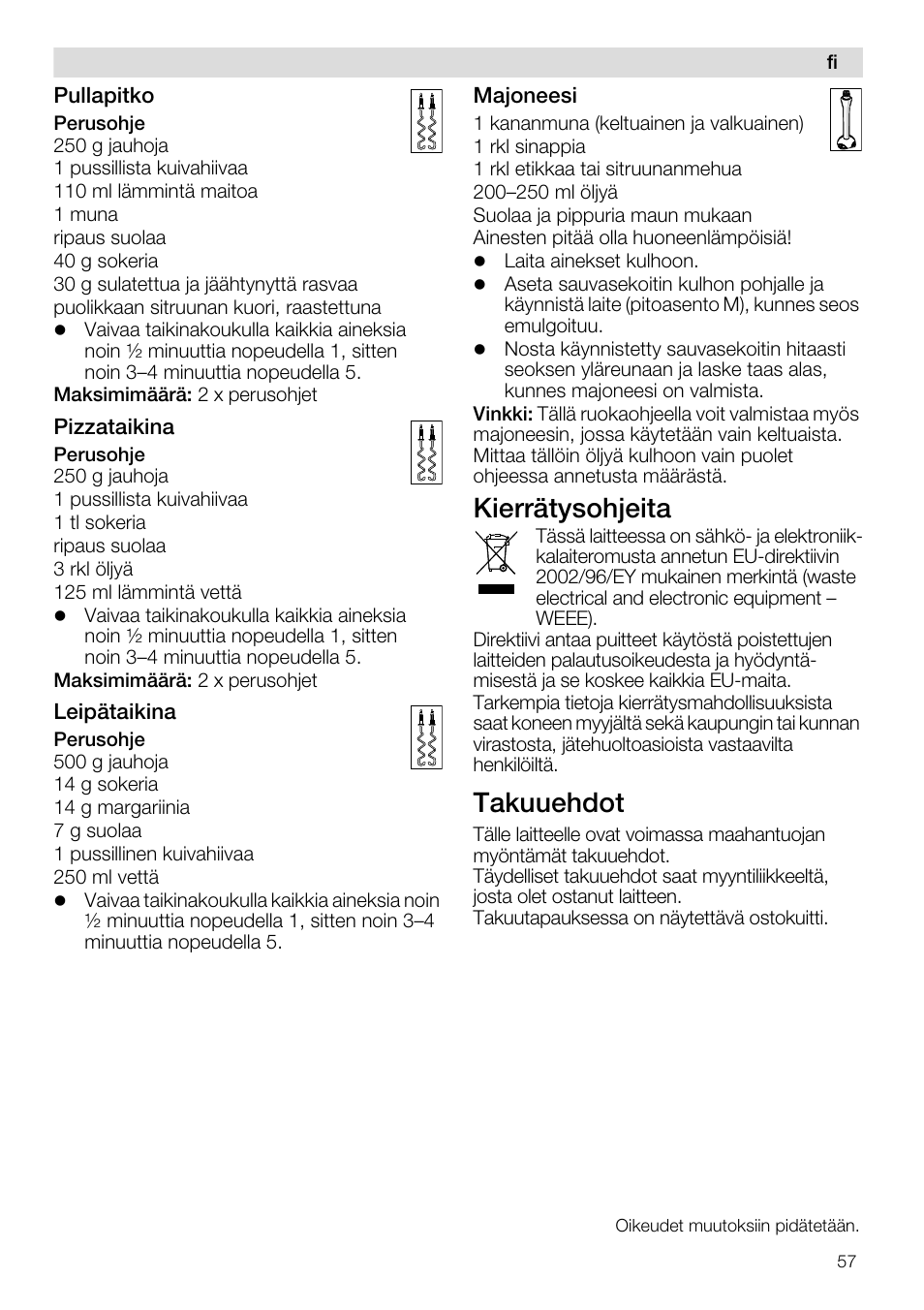 Kierrätysohjeita, Takuuehdot | Siemens MQ96580 User Manual | Page 57 / 131