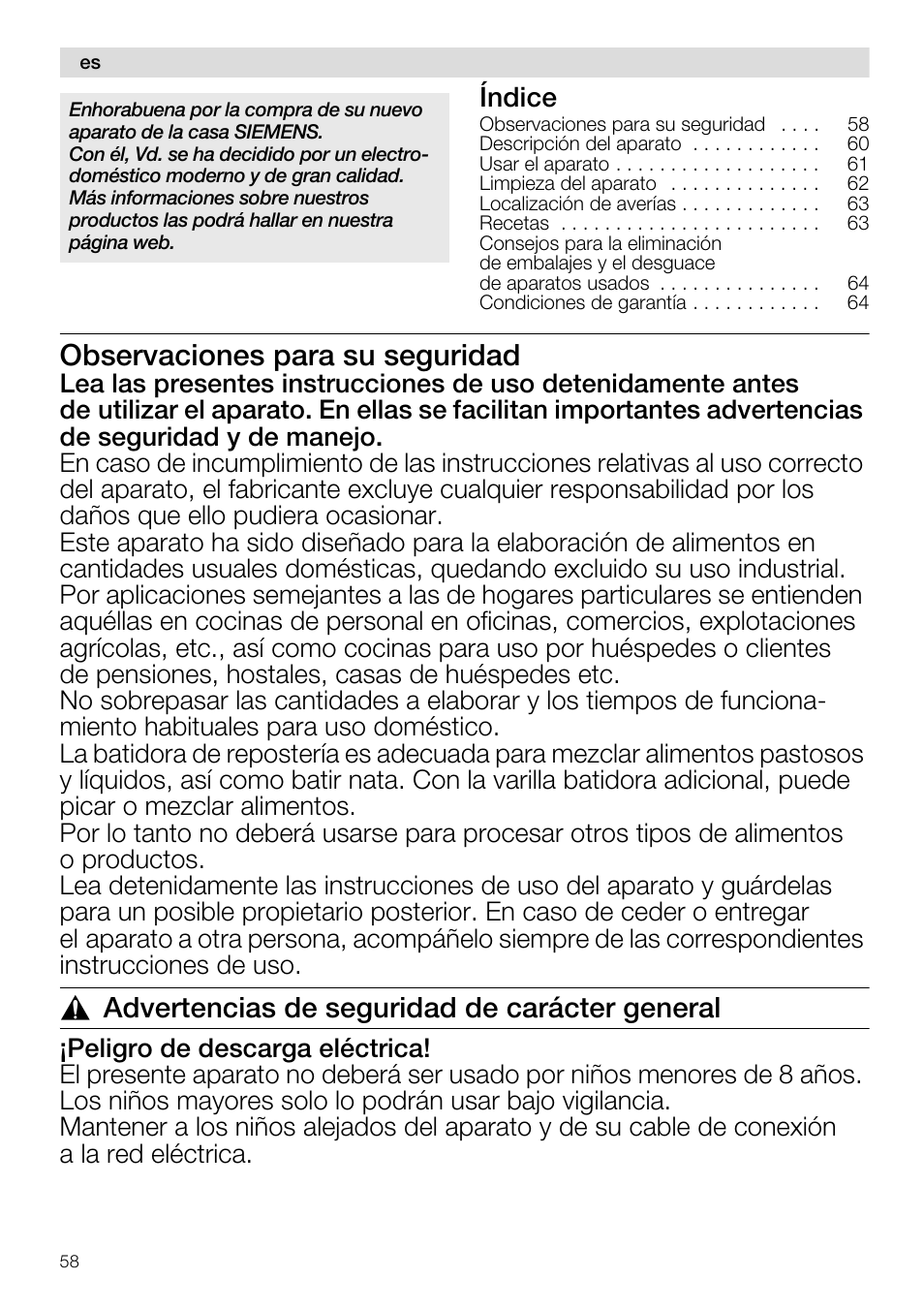 Observaciones para su seguridad, Advertencias de seguridad de carácter general | Siemens MQ96580 User Manual | Page 58 / 131