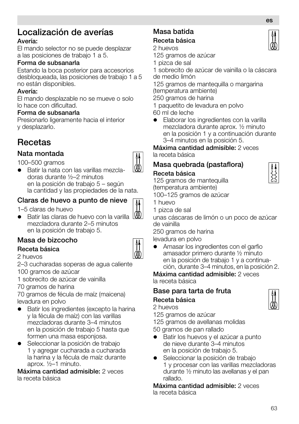 Localización de averías, Recetas | Siemens MQ96580 User Manual | Page 63 / 131