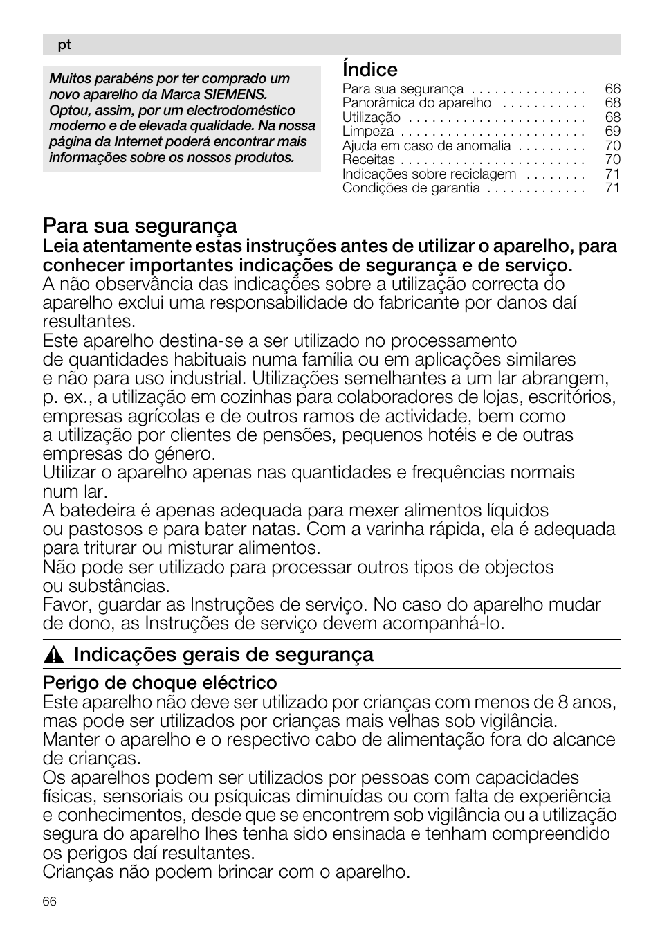 Para sua segurança, Indicações gerais de segurança | Siemens MQ96580 User Manual | Page 66 / 131