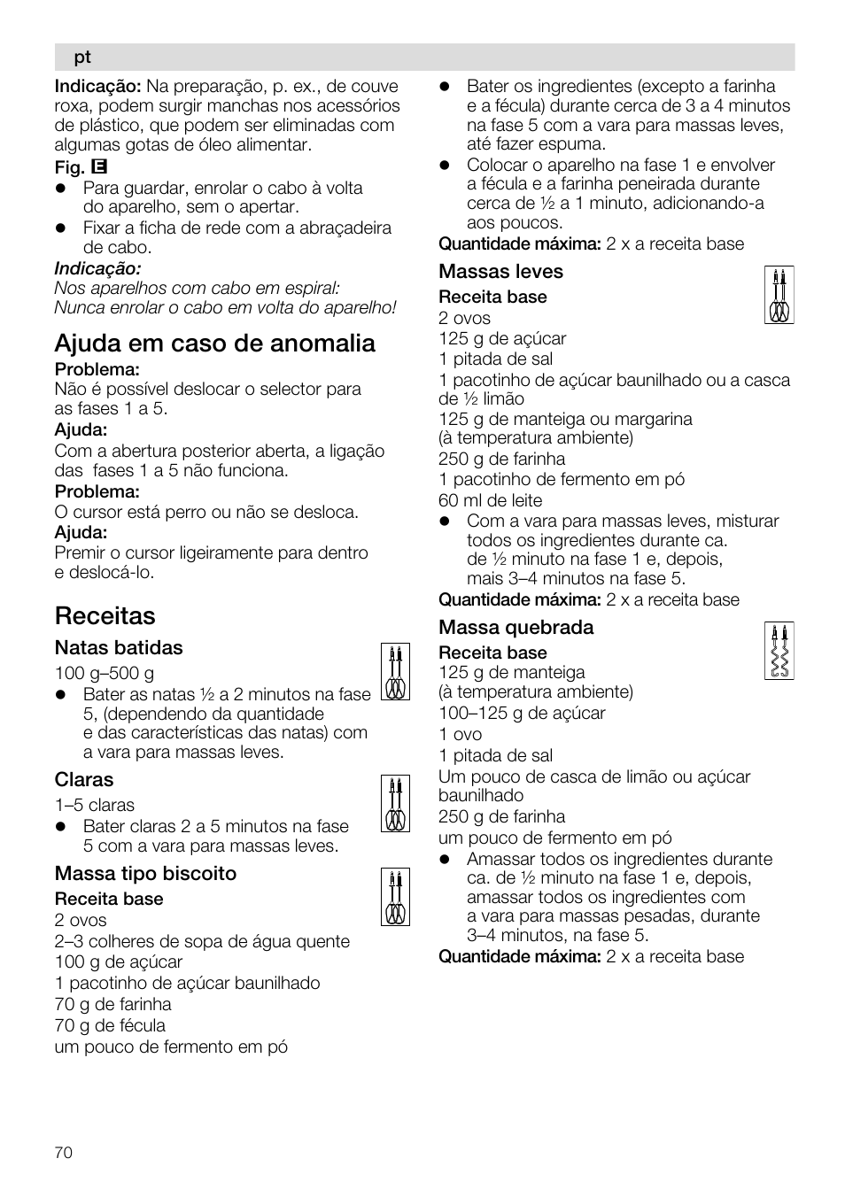 Ajuda em caso de anomalia, Receitas | Siemens MQ96580 User Manual | Page 70 / 131