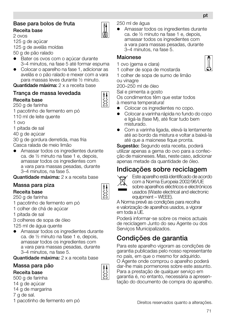 Indicações sobre reciclagem, Condições de garantia | Siemens MQ96580 User Manual | Page 71 / 131