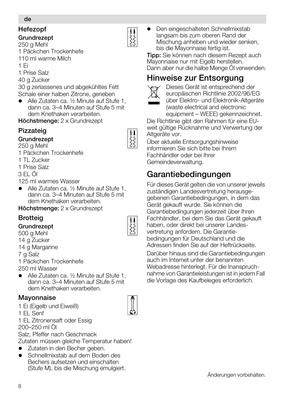 Hinweise zur entsorgung, Garantiebedingungen | Siemens MQ96580 User Manual | Page 8 / 131