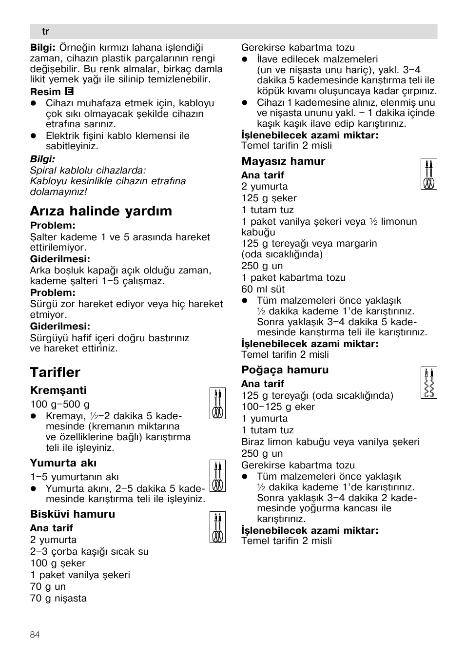 Arýza halinde yardým, Tarifler | Siemens MQ96580 User Manual | Page 84 / 131