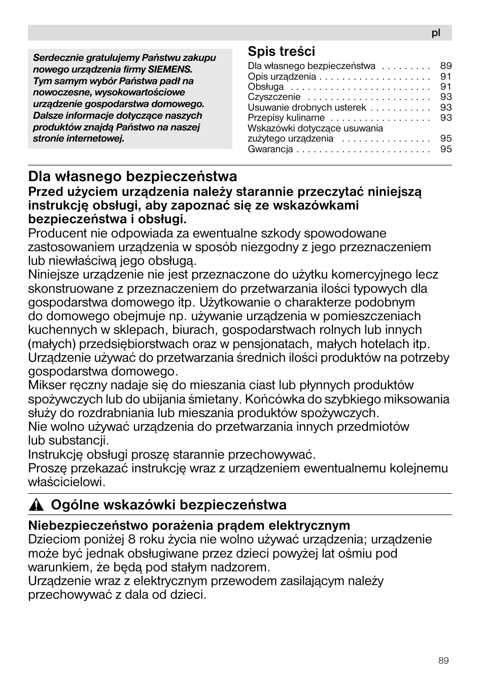 Dla w łasnego bezpieczeñstwa, Ogólne wskazówki bezpieczeñstwa | Siemens MQ96580 User Manual | Page 89 / 131