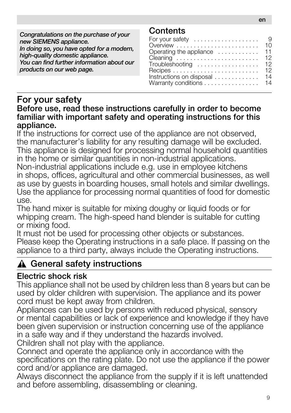 For your safety, General safety instructions | Siemens MQ96580 User Manual | Page 9 / 131