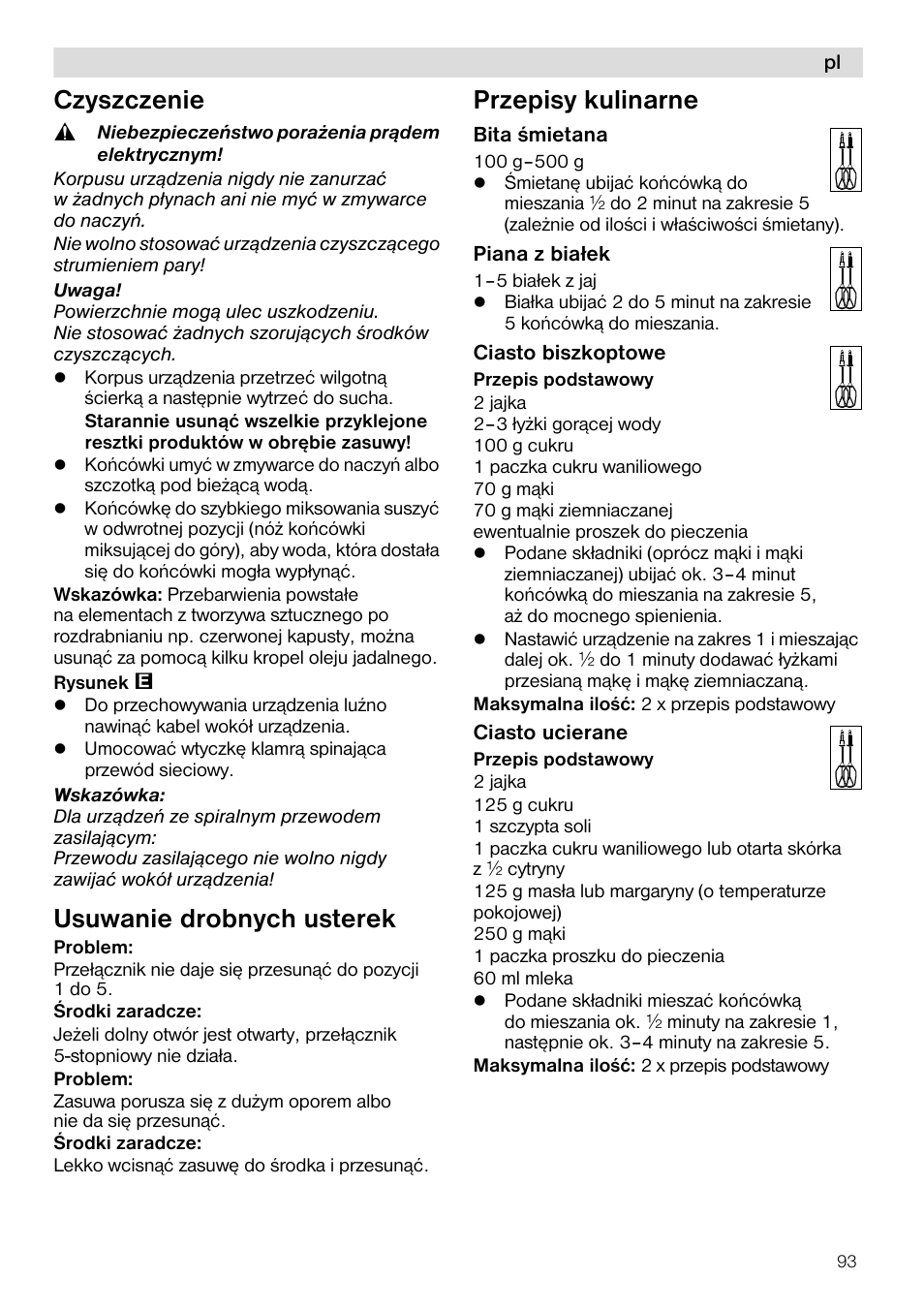 Czyszczenie, Usuwanie drobnych usterek, Przepisy kulinarne | Siemens MQ96580 User Manual | Page 93 / 131