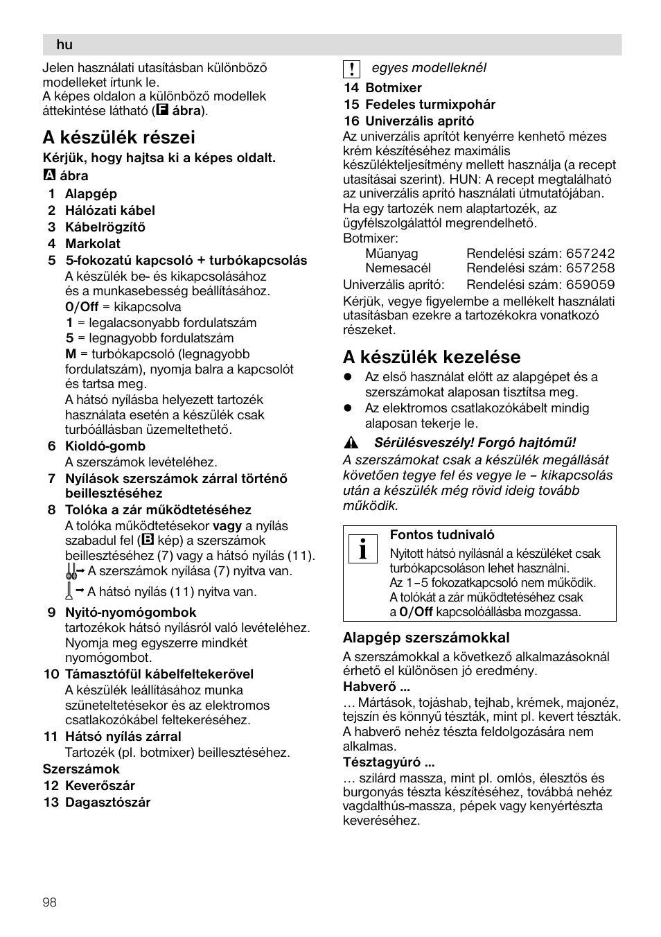 A készülék részei, A készülék kezelése | Siemens MQ96580 User Manual | Page 98 / 131