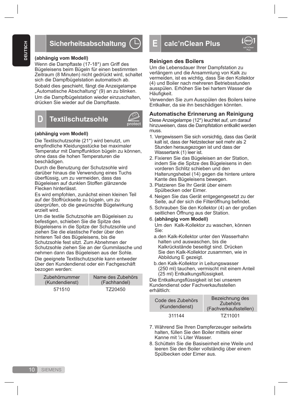 Calc’nclean plus, Sicherheitsabschaltung, Textilschutzsohle | Siemens TS22XTRM User Manual | Page 10 / 160
