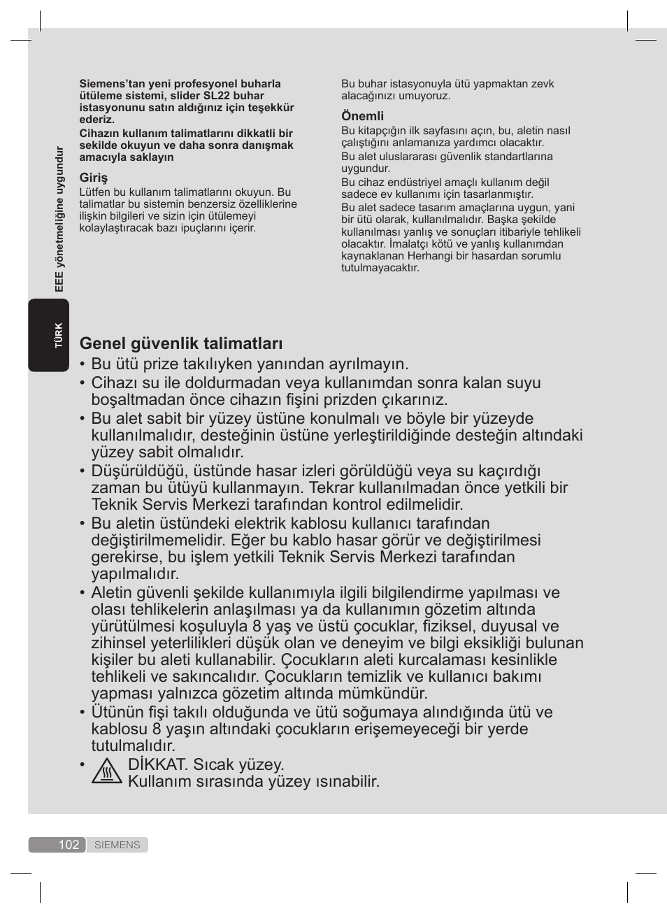 Genel güvenlik talimatları | Siemens TS22XTRM User Manual | Page 102 / 160