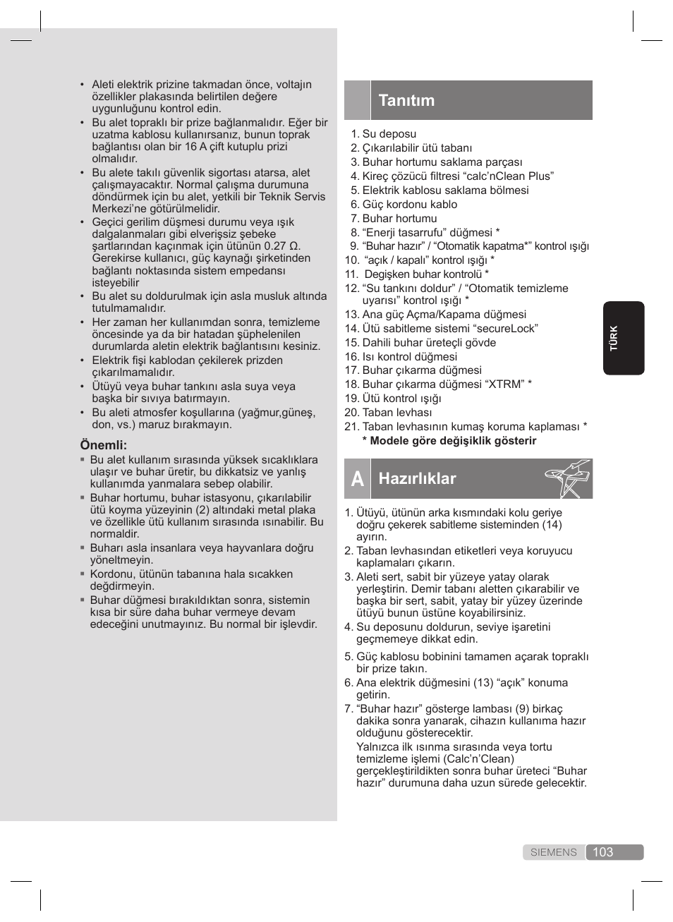 Tanıtım, Hazırlıklar | Siemens TS22XTRM User Manual | Page 103 / 160