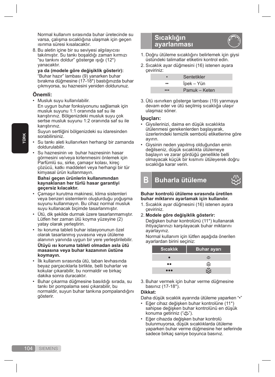 Sıcaklığın ayarlanması, Buharla ütüleme | Siemens TS22XTRM User Manual | Page 104 / 160