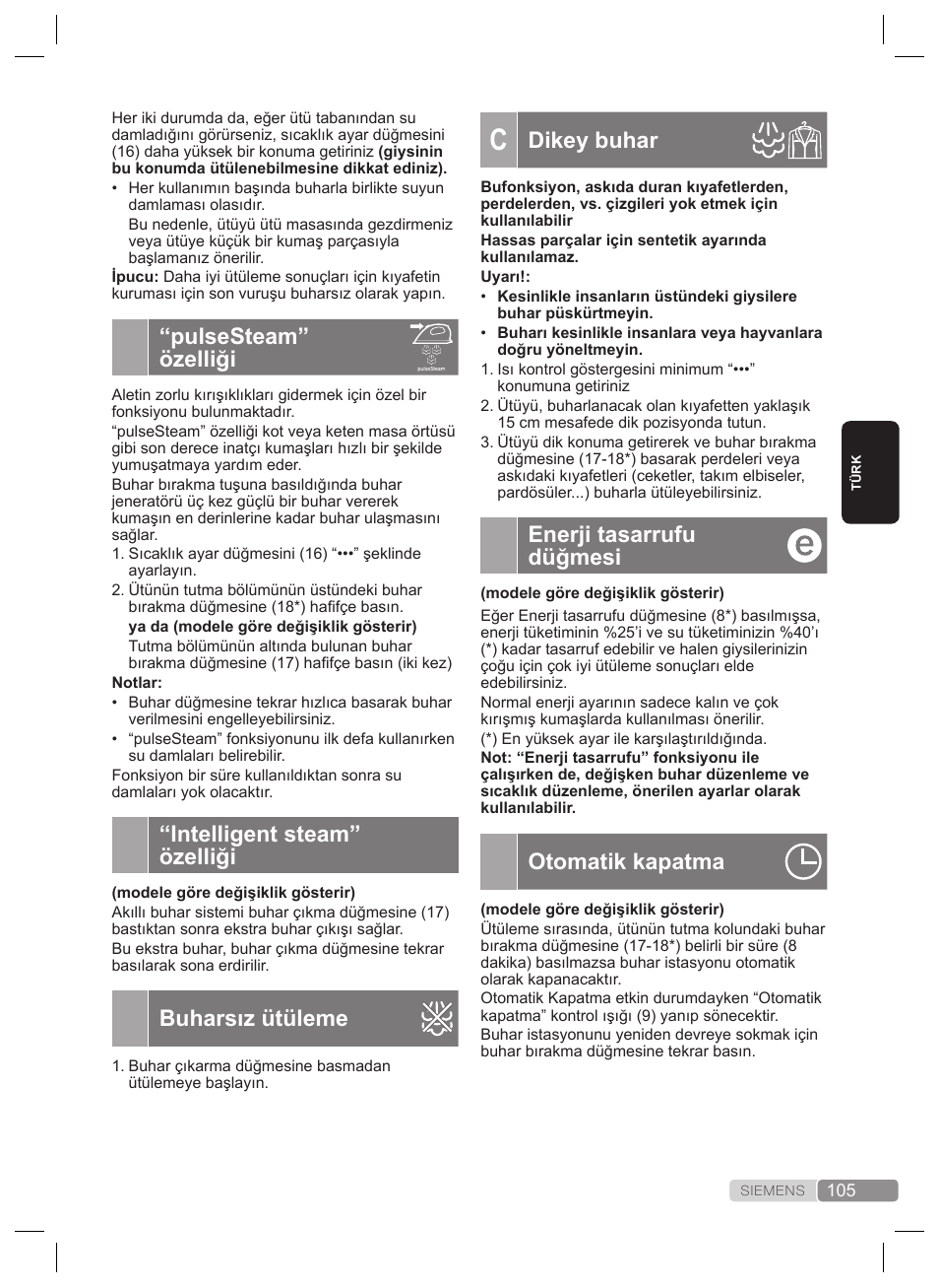 Dikey buhar, Enerji tasarrufu düğmesi, Otomatik kapatma | Pulsesteam” özelliği, Intelligent steam” özelliği, Buharsız ütüleme | Siemens TS22XTRM User Manual | Page 105 / 160