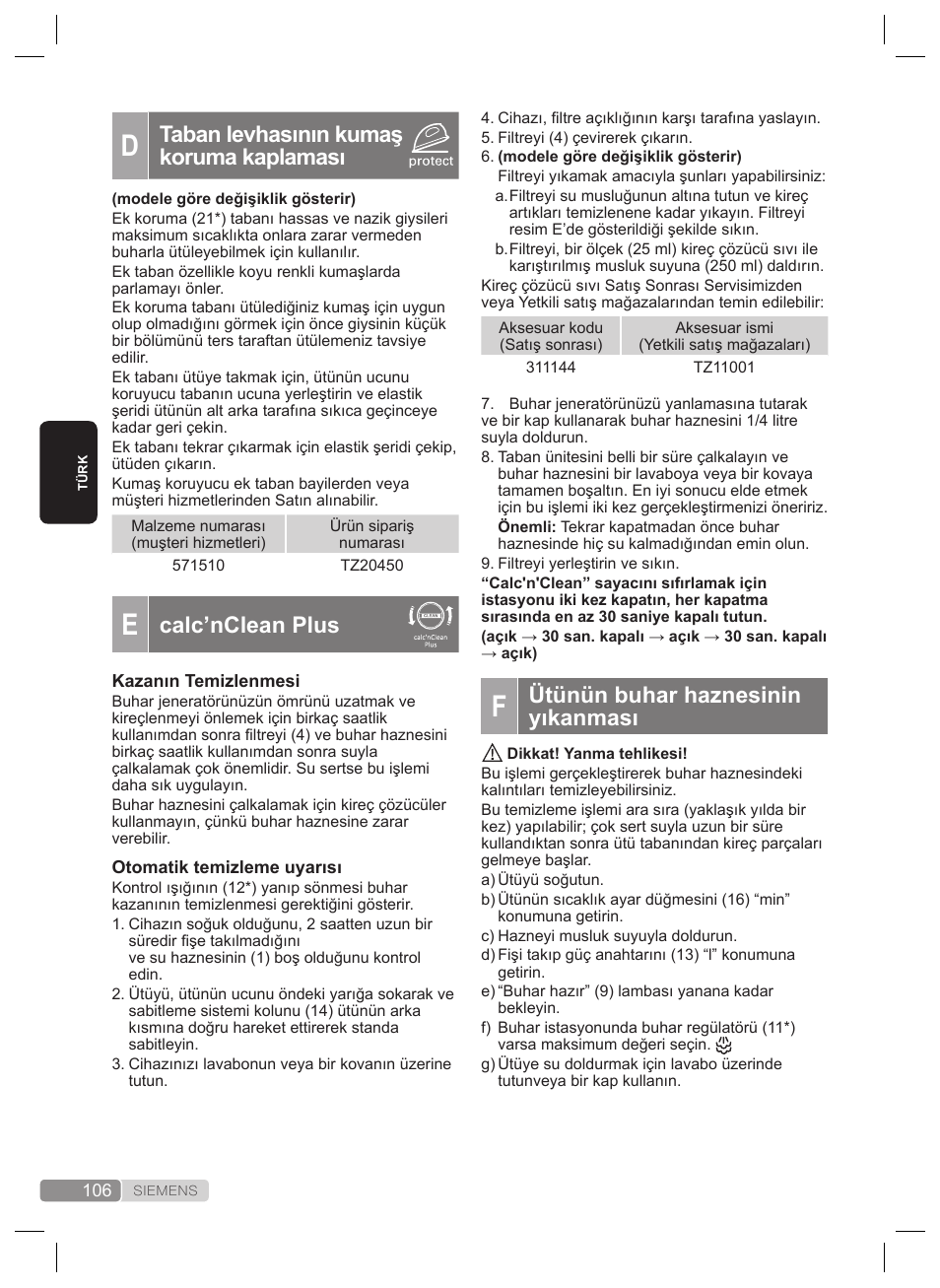 Ütünün buhar haznesinin yıkanması, Taban levhasının kumaş koruma kaplaması, Calc’nclean plus | Siemens TS22XTRM User Manual | Page 106 / 160